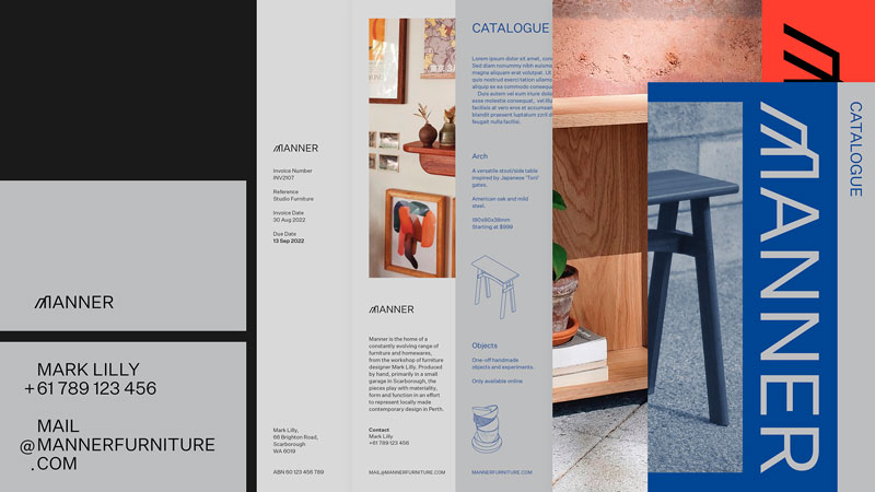 A collage of various stationery—business cards, letterheads, catalogues—for Manner Furniture. The stationery is simple and arranged in an orderly manner, mostly featuring black text on a light grey background. The catalogue covers are brigher, set in a deep blue and a bright red, features large imagery of furniture, and the Manner logo arranged next to the image, on its side, matching the height of the image
