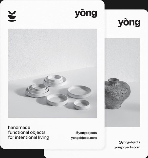 Two cards depicting the yòng objects brand elements stacked one on top of the other.